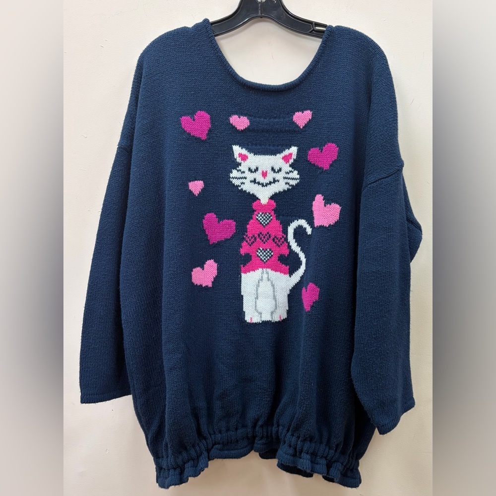 Woman Within Sweater Women 2X‎ Navy Blue Pink Heart Cat Motif Ruffle Hem 08006